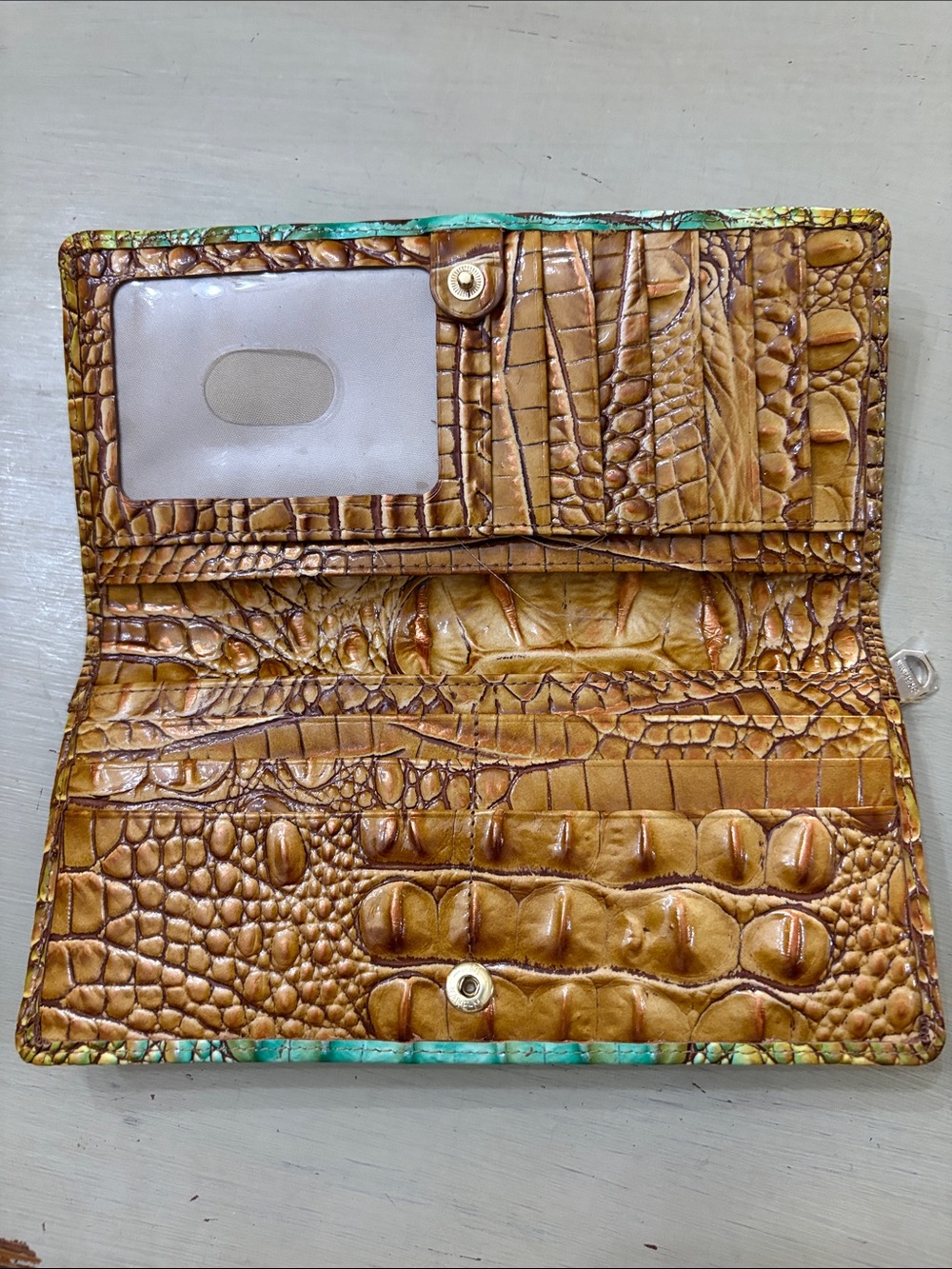 Brahmin Teal and Yellow Croc-Embossed Leather Wallet - Picture 3 of 5